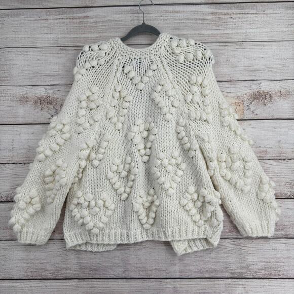 Vici Pom Pom Open Front Cardigan Sweater Womens Medium Ivory White - Picture 2 of 7